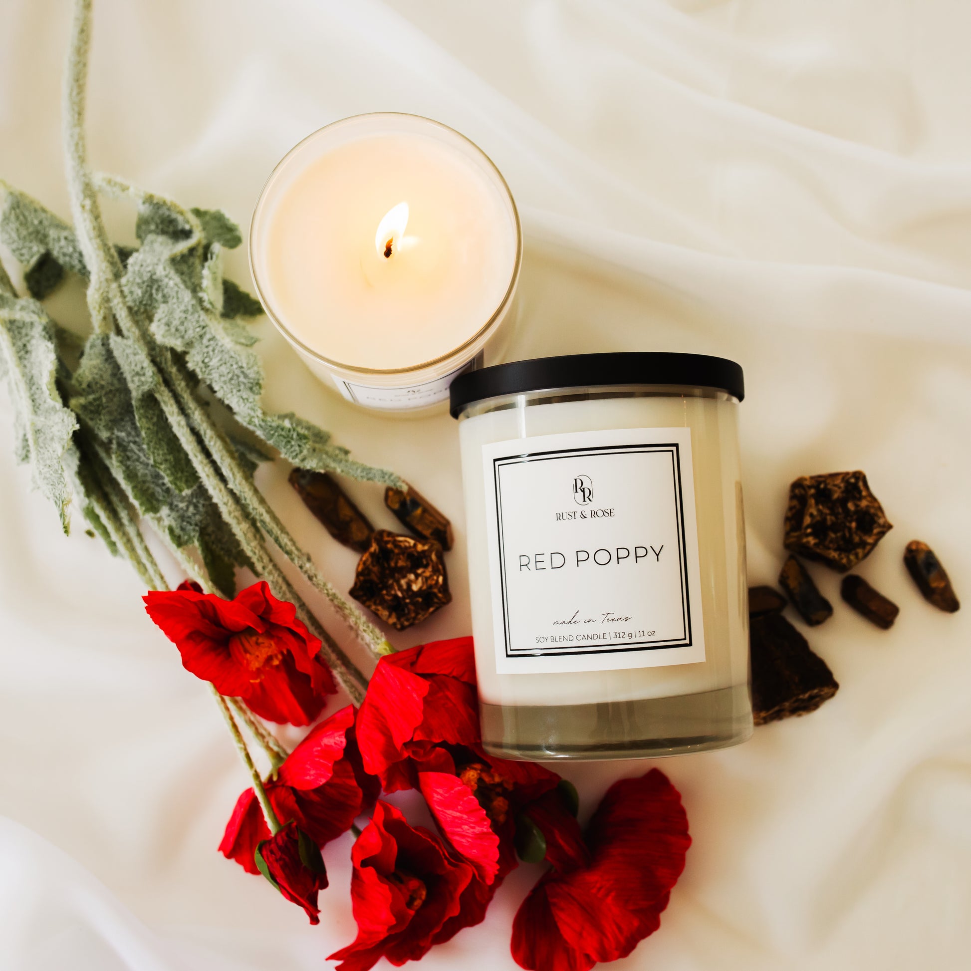 Red Poppy Candle Flat Lay